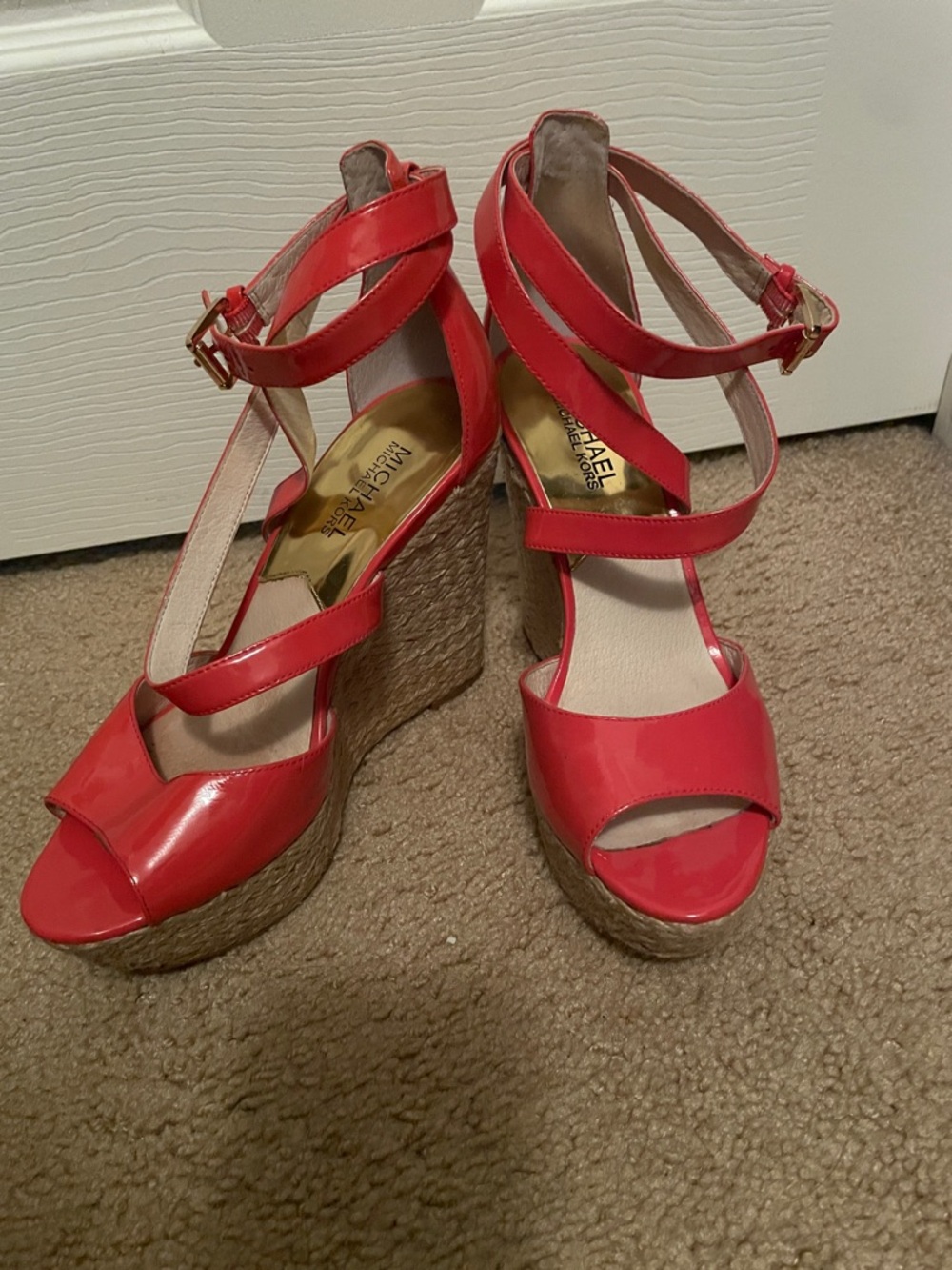 Michael Kors Salmon Patent Espadrille Wedge Sandals